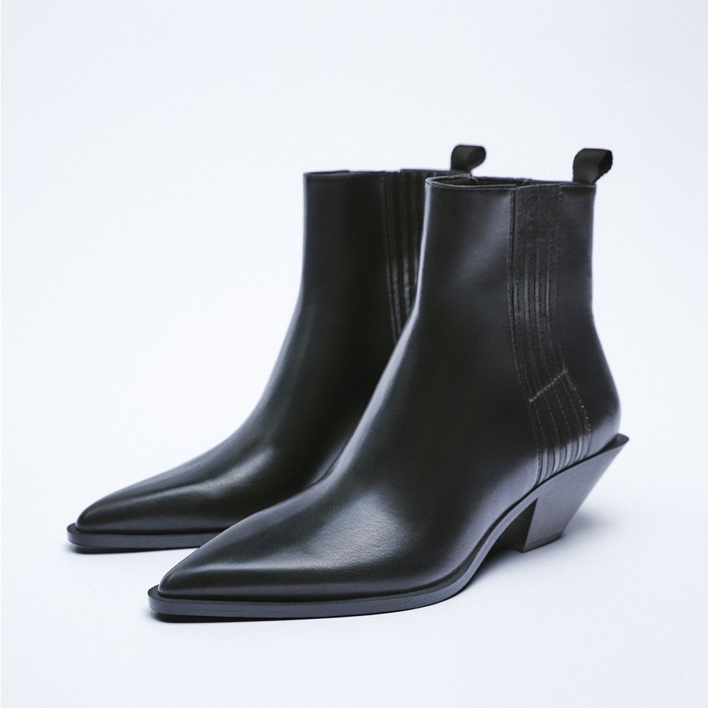 Zara Black Leather Cowboy Ankle Boots Booties sz 8 pointy toe